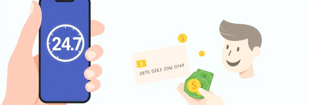 Иллюстрация займа без отказа: одобренная заявка на смартфоне и перевод денег на карту.