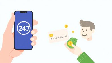 Иллюстрация займа без отказа: одобренная заявка на смартфоне и перевод денег на карту.
