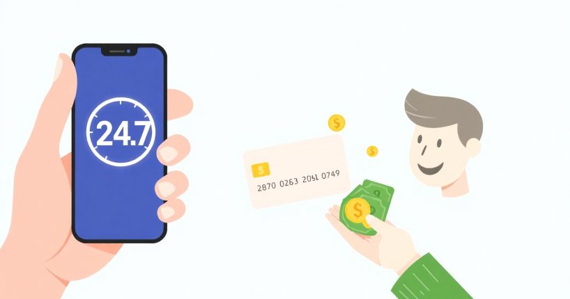 Иллюстрация займа без отказа: одобренная заявка на смартфоне и перевод денег на карту.