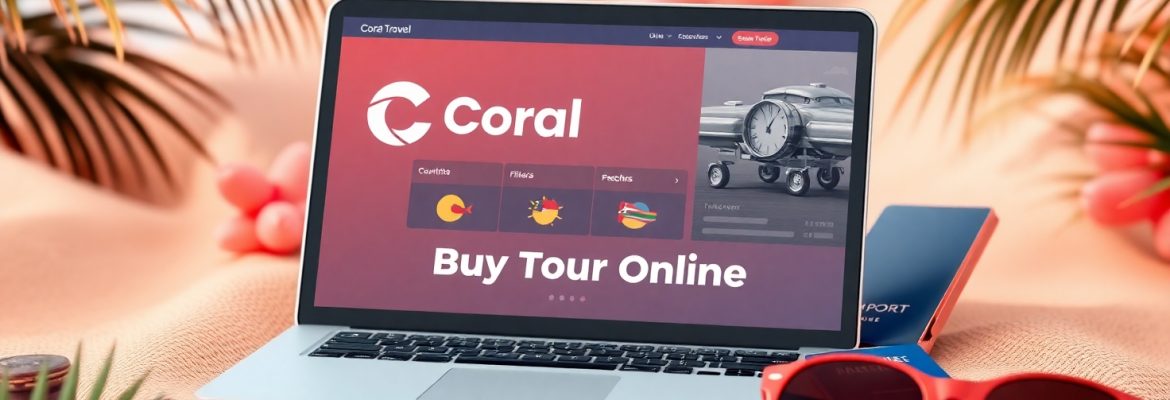 Покупка тура онлайн — ноутбук с сайтом Coral Travel и билетами на столе.