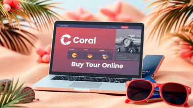 Покупка тура онлайн — ноутбук с сайтом Coral Travel и билетами на столе.