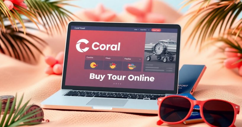 Покупка тура онлайн — ноутбук с сайтом Coral Travel и билетами на столе.